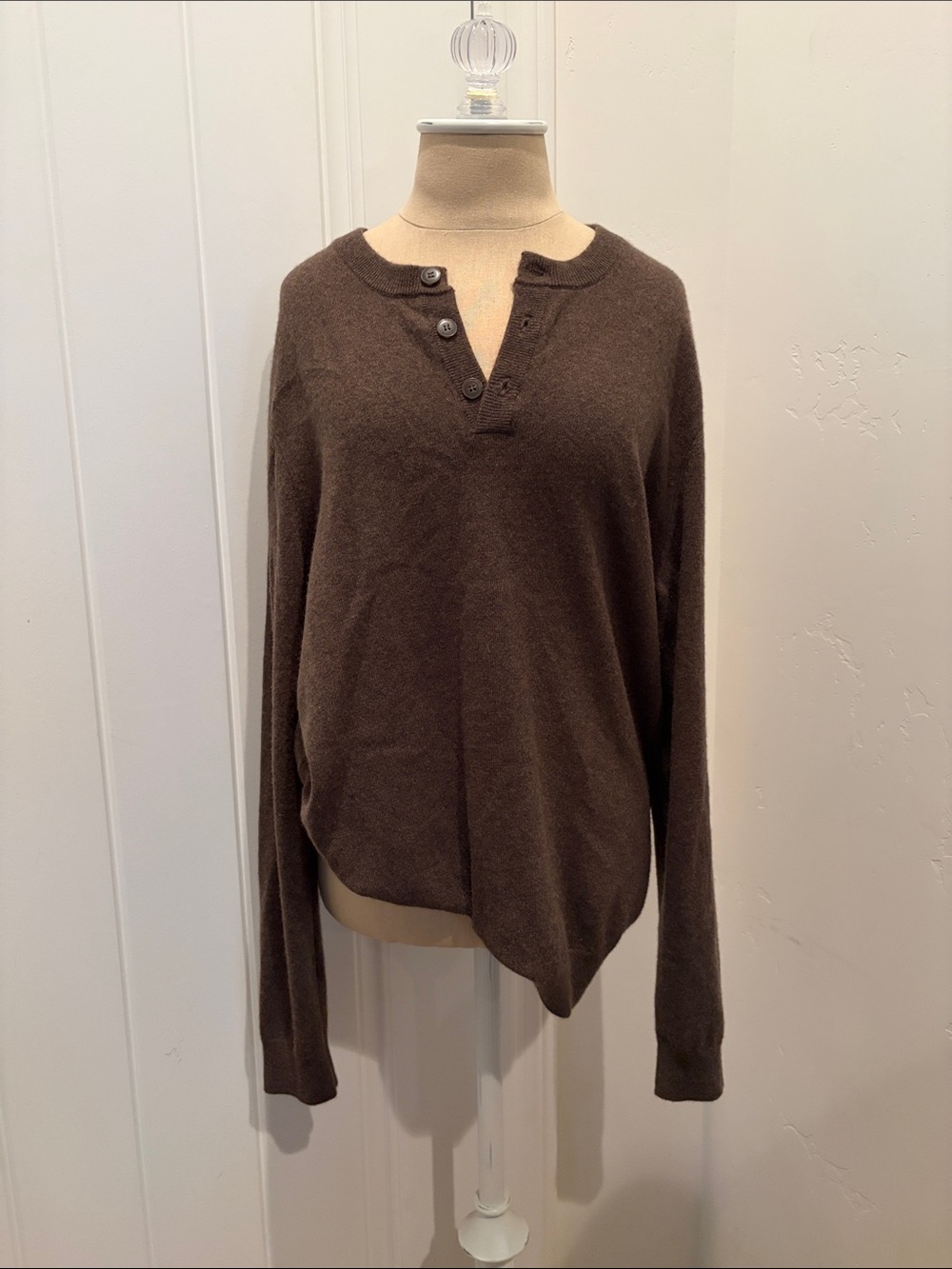 Quince Cozy Cashmere Brown Henley Sweater